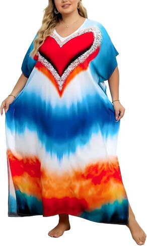 Kaftan Dresses for Women V-Neck Print Swimsuit Cover Up Plus Size Beach Caftan Lounge Dress in Saudi Arabia