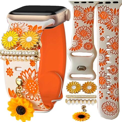 Sunflower Heart Pink Band With Charms Compatible Apple Watch Engraved Women 41mm 40mm 38mm 44mm 45mm 46mm 42mm 49mm,Valentine Floral Dressy Bling Silicone Strap for iphone Watch Series 11 10 9 8 7 6 5 4 Ultra SE 3 2 1 in Saudi Arabia