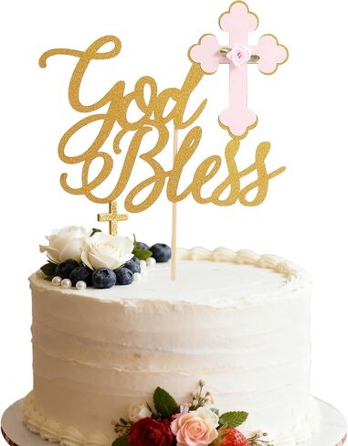 Gold God Bless Cake Topper - Glitter Baptism and Christening Communion Cake Topper, Baby Shower Party Cake Decorations (Gold God Bless Cake Topper) in Saudi Arabia