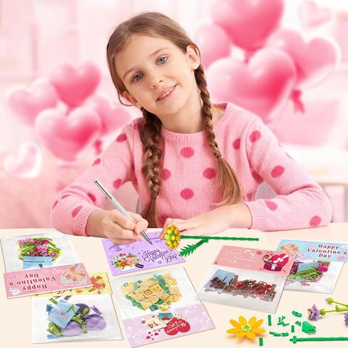 Valentines Day Cards for Kids School Classroom - 24 Pack Flowers Building Blocks with Valentines Cards, Unique Class Exchange Gifts for Girls Boys, Party Favors and Goodie Bags Stuffers in Saudi Arabia