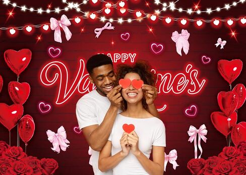 Happy Galentine's Day Backdrop 7x5FT Pink Bow Red Love Heart Balloon Photography Background Rose Flowers Galentines Party Decorations Photo Props in Saudi Arabia