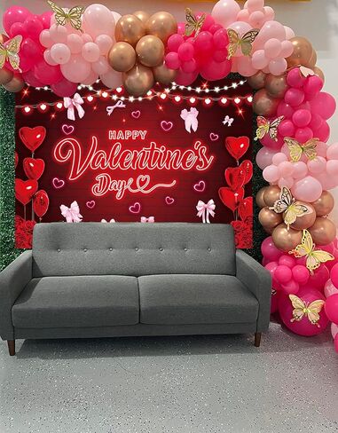 Happy Galentine's Day Backdrop 7x5FT Pink Bow Red Love Heart Balloon Photography Background Rose Flowers Galentines Party Decorations Photo Props in Saudi Arabia
