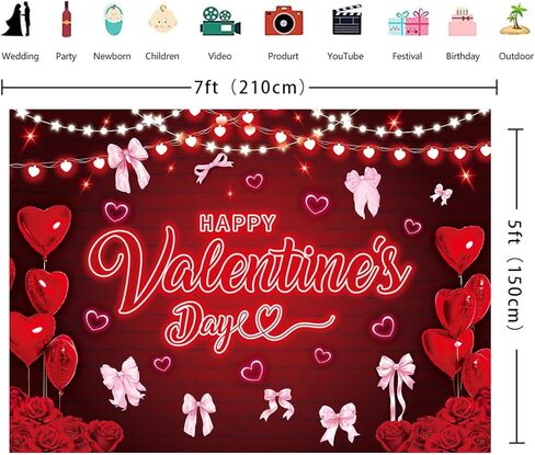 Happy Galentine's Day Backdrop 7x5FT Pink Bow Red Love Heart Balloon Photography Background Rose Flowers Galentines Party Decorations Photo Props in Saudi Arabia