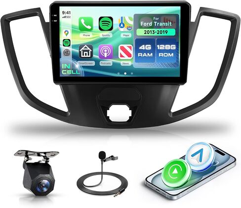 راديو ستيريو للسيارة 8 Core 6G+128G Android 15 لسيارة Ford Transit 2013-2019، Carplay Android Auto، شاشة لمس 9 بوصة مع نظام تحديد المواقع العالمي/بلوتوث 5.0/FM RDS/DSP/5G-WiFi كاميرا احتياطية ذات رؤية بانورامية 360 درجة SWC in Kuwait