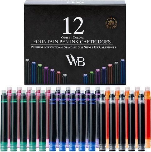 Wordsworth & Black 12 Pack Fountain Pen Ink chills - مجموعة من 12 خراطيش حبر سوداء - الحجم القياسي الدولي - الطول APPR 2.3 " - القطر الأساسي APPR 0.24" - يمكن التخلص منها وعامة in Kuwait