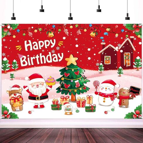 7x5ft Christmas Happy Birthday Banner Backdrop Merry Christmas Birthday Party Decorations Xmas Santa Theme Photo Background Wall Banner Party Decor for Girl Kids in Saudi Arabia