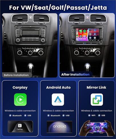 ستيريو سيارة 8Core 4G 64G لراديو VW Passat Jetta Golf Touran مع CarPlay Android Auto، شاشة لمس 9 بوصة 1080P HD 5.0 ​​راديو بلوتوث مع GPS WiFi FM/RDS EQ Obd2 HD كاميرا احتياطية 36/40Pin in Kuwait