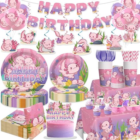 171 PCS Axolotl Decortations Decorations Pink Axolotl Party Decorations Cake Cupcake Baloons Topper Panner Panner and Fedical Table Cloth Axolotl Party Supplies for Girls Cartoon Party Party Party in Kuwait