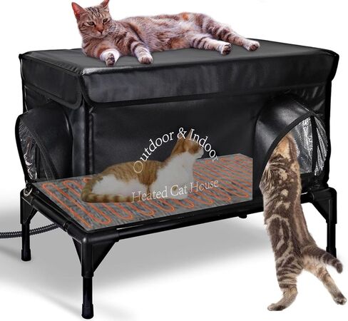 Heated Cat House for Outside Cat in Winter, Insulated Outdoor Feral Cat Shelter with Cat Heating Pad, 2 Doors,Elevated Waterproof Heated Kitty House (Black, 25"x13.7"x18") in Saudi Arabia