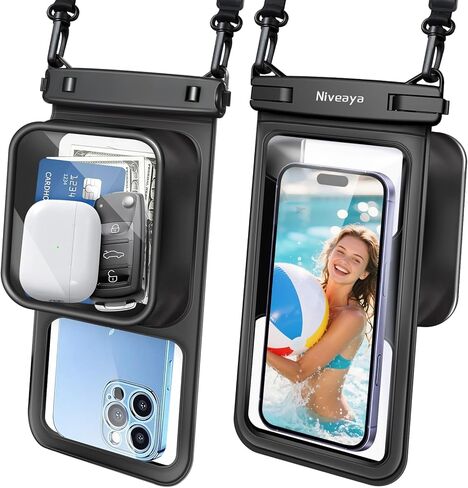 نيفايا [قابلة للطفو] حقيبة هاتف عائمة مقاومة للماء 2 عبوة تصل إلى 8.5 بوصة، مساحة كبيرة قابلة للتعديل بحبل رقبة مقاوم للماء، حقائب هاتف جافة لقضاء العطلات على الشاطئ وحمام السباحة وأساسيات السفر في قوارب الكاياك in Kuwait