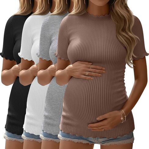 4 Pack Women's Maternity Shirt Short Sleeve Ribbed Knit Tunic Tops Crew Neck Pregnancy Side Ruched Casual Clothes in Saudi Arabia