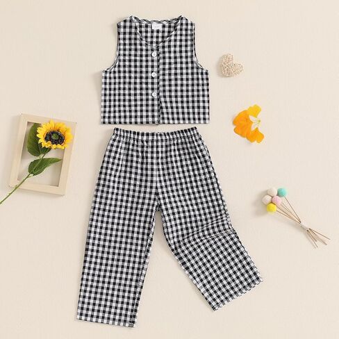 Qiylii 2PC Toddler Girls Plaids Casual Outfits Sleeveless Button-Down Vest Coat and Wide-leg Long Trousers Fall Pant Sets in Saudi Arabia