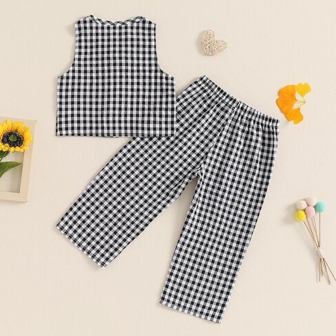Qiylii 2PC Toddler Girls Plaids Casual Outfits Sleeveless Button-Down Vest Coat and Wide-leg Long Trousers Fall Pant Sets in Saudi Arabia