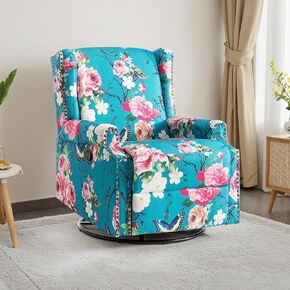 Swivel Rocker Recliner Chair, 360° Swivel Wingback Recliner Chairs for Adults, Upholstered Printed Fabric Glider Rocking Chair with High Back, Deep Seat for Living Romm Bedroom, Plants Floral in Saudi Arabia
