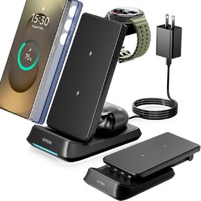 محطة شحن لاسلكية 3 في 1 من KPON للحافظات السميكة، حامل شاحن للهاتف والساعة قابل للطي لأجهزة Samsung&Apple، قاعدة شحن للسفر لهاتف Samsung Galaxy S25 S24/ iPhone17 16 15 14 13 in Kuwait