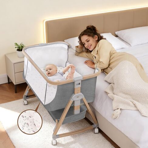 Baby Bassinet, Bassinet Bedside Sleeper with Waterproof Bassinet Sheets and Soft Mattress, Safe Adjustable Height Bedside Bassinets with Wheels, Girl/Boy Bassinets, Khaki in Saudi Arabia