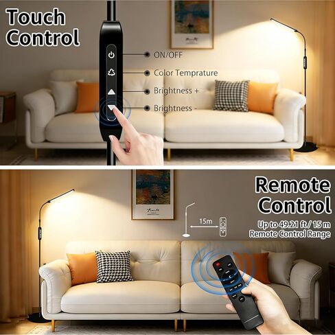 مصباح أرضي LED ، مصابيح أرضية لغرفة المعيشة 15 واط ضوء ساطع سوبر لغرفة النوم والمكتب ، عديمة الخطوة تعتيم 3000K - 6000K مع مؤقت ، التحكم عن بُعد واللمس ، ضوء القراءة ، المصباح الدائم ، الأسود in Kuwait