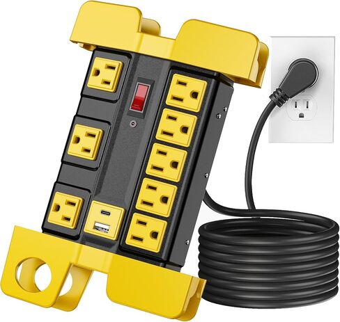 شريط طاقة عالي التحمل مع واقي من زيادة التيار، 8 منافذ ومنفذين USB (5 فولت/2.1 أمبير)، 1875 وات 2000 جول، غلاف معدني، سلك تمديد بطول 6 أقدام مع قابس مسطح لمتجر مرآب ورشة العمل (أصفر، 6 أقدام) in Kuwait