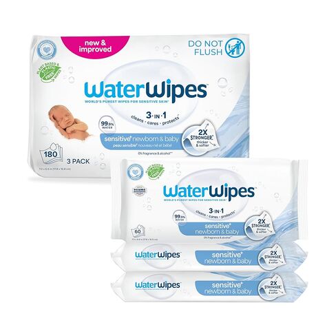 WaterWipes Sensitive+ Newborn & Baby Wipes, 3-In-1 Cleans, Cares, Protects, 99.9% Water, Unscented & Hypoallergenic, 720 Count (12 Packs) in Saudi Arabia