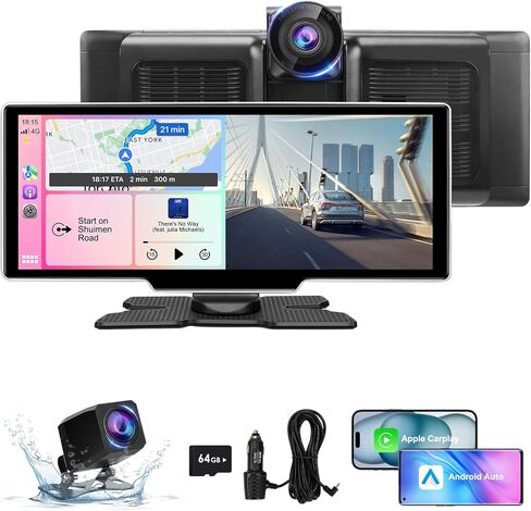 10.26" Wireless Carplay Screen for Car with 4K Dash Cam | Portable Car Play & Android Auto Touch Screen, 1080p Backup Camera, Mirror Link, Voice Control, GPS Navigation | for All Cars (Black) in Saudi Arabia