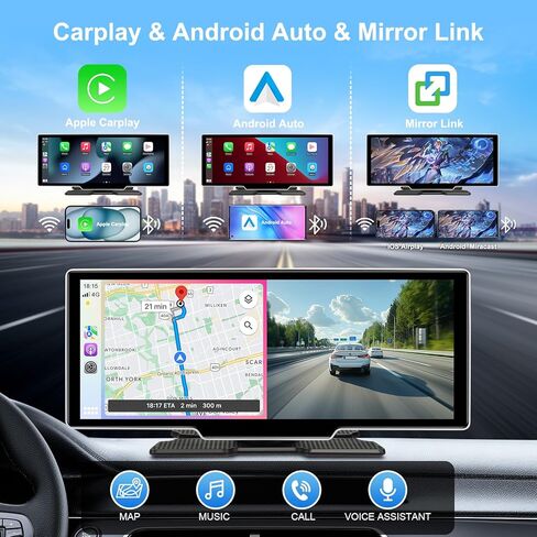 10.26" Wireless Carplay Screen for Car with 4K Dash Cam | Portable Car Play & Android Auto Touch Screen, 1080p Backup Camera, Mirror Link, Voice Control, GPS Navigation | for All Cars (Black) in Saudi Arabia