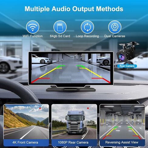 10.26" Wireless Carplay Screen for Car with 4K Dash Cam | Portable Car Play & Android Auto Touch Screen, 1080p Backup Camera, Mirror Link, Voice Control, GPS Navigation | for All Cars (Black) in Saudi Arabia