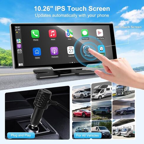10.26" Wireless Carplay Screen for Car with 4K Dash Cam | Portable Car Play & Android Auto Touch Screen, 1080p Backup Camera, Mirror Link, Voice Control, GPS Navigation | for All Cars (Black) in Saudi Arabia