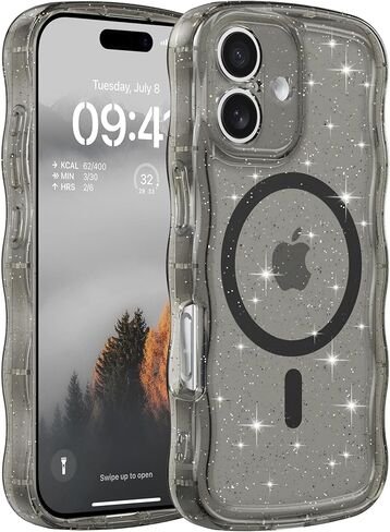 FABSPARK Case for iPhone 16 Pro Max,Compatible with MagSafe,Magnetic Clear Curly Wavy Frame Wave Case with Sparkly Bling Glitter,Transparent Acrylic Hard PC for iPhone 16 Pro Max,Glitter Clear Pink in Saudi Arabia