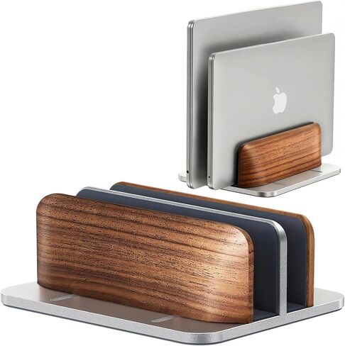 Vertical Laptop Stand, Walnut Dual Laptop Holder with Adjustable Aluminum Alloy Base Laptop Stand Compatible with All MacBok/Surface/Samsung/HP/Dell/Chrome Book (Silver) in Kuwait