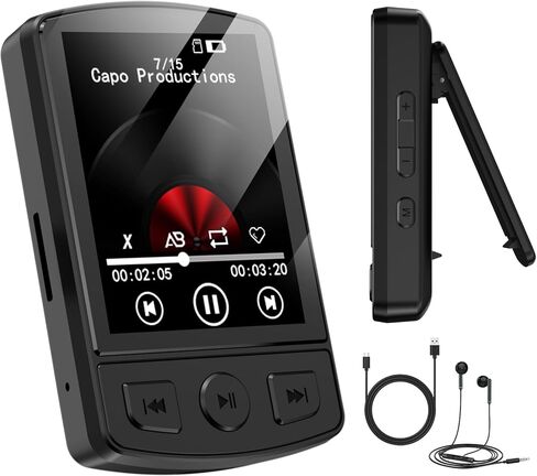 مشغل MP3 مع مشبك مشغل MP3 صغير سعة 64 جيجابايت مع بلوتوث 5.2، مشغل موسيقى MP3 محمول مع سماعات أذن، مكبر صوت HiFi، راديو FM، مسجل صوت، كتاب إلكتروني للخارج، المنزل، الرياضة (أسود) in Kuwait