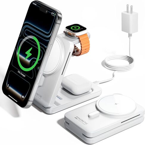 KPON Foldable 3in1 Charging Station for Magsafe, Travel Phone and Watch Charger for Apple, Wireless Charging Dock for Multiple Devices iPhone 17 16 15 14 13 12 Series/Apple Watch/Airpods in Saudi Arabia