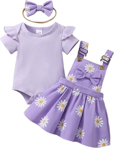 Baby Girl Summer Outfit Ribbed Bodysuit Floral Suspender Dress Set | Suspender Dress with Ruffle Bodysuit and Bow Headband, 3 Piece Set for Birthday Party, Photoshoot and Holiday in Saudi Arabia