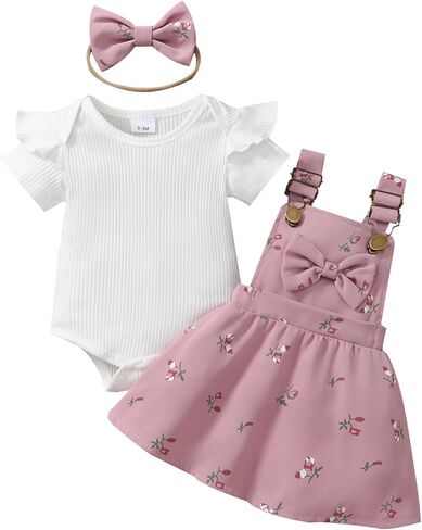 Baby Girl Summer Outfit Ribbed Bodysuit Floral Suspender Dress Set | Suspender Dress with Ruffle Bodysuit and Bow Headband, 3 Piece Set for Birthday Party, Photoshoot and Holiday in Saudi Arabia