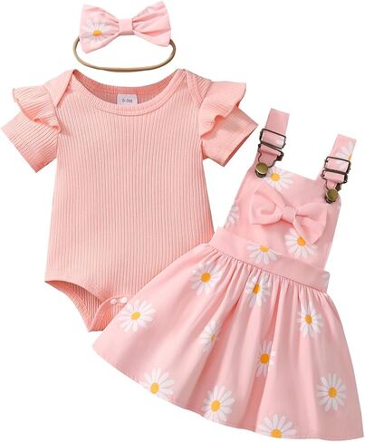 Baby Girl Summer Outfit Ribbed Bodysuit Floral Suspender Dress Set | Suspender Dress with Ruffle Bodysuit and Bow Headband, 3 Piece Set for Birthday Party, Photoshoot and Holiday in Saudi Arabia