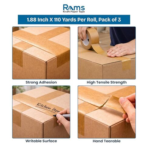 Rams 1.88 "× 110 ياردة (حزمة من 3) شريط تعبئة الورق Kraft الصديق للبيئة ، لاصق ذاتي ، قابلة للكتابة ، شريط التغليف الشاق للخدمة الختم ، الختم ، الصناديق الشحن والنقل (إجمالي 330 ياردة / 984 قدم) in Saudi Arabia