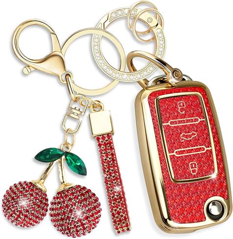 Sparkly Key Fob Cover with Cherry Keychain, Bling TPU Smart Key Case for Women, Compatible with VW Tiguan Passat (B7) Polo MK5 Touran Jetta (MK1-MK6) Beetle Scirocco (3-Button, Gold Pink) in Kuwait