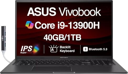 ASUS Vivobook K3704VA-DS96 17X كمبيوتر محمول 17.3 بوصة IPS FHD (Intel i9-13900H، 24 جيجابايت DDR4، 1 تيرابايت PCIe SSD، Intel Iris Xe، Backlit KB، بصمة الإصبع، WiFi 6E، كاميرا ويب، Win 11 Pro) مع موسع منفذ USB DKZ in Kuwait