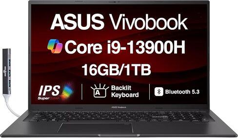 ASUS Vivobook K3704VA-DS96 17X كمبيوتر محمول 17.3 بوصة IPS FHD (Intel i9-13900H، 24 جيجابايت DDR4، 1 تيرابايت PCIe SSD، Intel Iris Xe، Backlit KB، بصمة الإصبع، WiFi 6E، كاميرا ويب، Win 11 Pro) مع موسع منفذ USB DKZ in Saudi Arabia