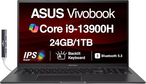 ASUS Vivobook K3704VA-DS96 17X كمبيوتر محمول 17.3 بوصة IPS FHD (Intel i9-13900H، 24 جيجابايت DDR4، 1 تيرابايت PCIe SSD، Intel Iris Xe، Backlit KB، بصمة الإصبع، WiFi 6E، كاميرا ويب، Win 11 Pro) مع موسع منفذ USB DKZ in Kuwait