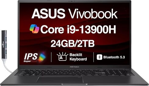 ASUS Vivobook K3704VA-DS96 17X كمبيوتر محمول 17.3 بوصة IPS FHD (Intel i9-13900H، 24 جيجابايت DDR4، 1 تيرابايت PCIe SSD، Intel Iris Xe، Backlit KB، بصمة الإصبع، WiFi 6E، كاميرا ويب، Win 11 Pro) مع موسع منفذ USB DKZ in Kuwait