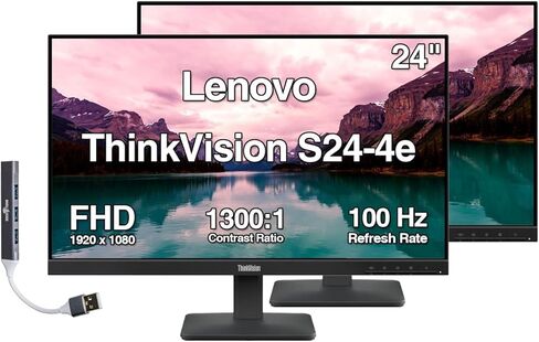 Lenovo ThinkVision T24-40 24" FHD IPS Monitor with 4ms Response Time, Anti Glare, Flicker Free, VESA Mount (100mm), Displayport, HDMI & Dockztorm USB Port Expander, Black (64A4MARXUS) 2 Pack in Saudi Arabia