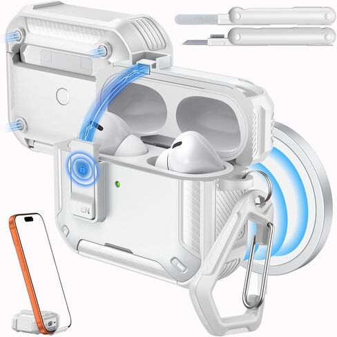 حافظة MoKo لـ AirPods Pro 2 مع قفل - متوافقة مع MagSafe وحامل الهاتف والفتح التلقائي لحافظة AirPods Pro الجيل الثاني/الأول، غطاء واقٍ من الدرجة العسكرية مع مجموعة منظف، أبيض + أسود in Kuwait