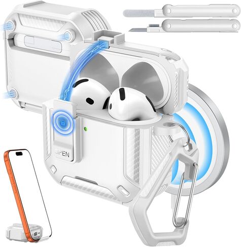 حافظة MoKo لـ AirPods Pro 2 مع قفل - متوافقة مع MagSafe وحامل الهاتف والفتح التلقائي لحافظة AirPods Pro الجيل الثاني/الأول، غطاء واقٍ من الدرجة العسكرية مع مجموعة منظف، أبيض + أسود in Kuwait