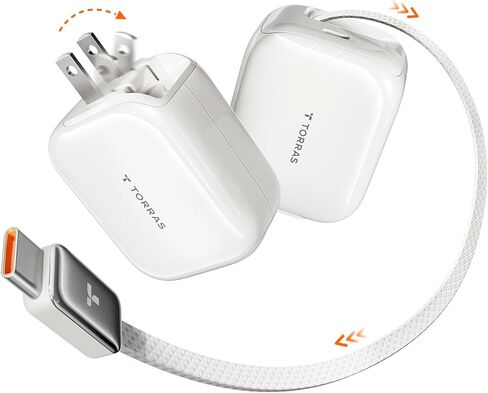 كتلة شاحن TORRAS FlexLine 40W ثنائي المنفذ USB C مع كابل قابل للسحب، شاحن سفر مدمج لهاتف iPhone 16 مع قابس قابل للطي، شاحن من النوع C شحن سريع لهاتف iPhone 16/15/Samsung/AirPods 4/iPad in Kuwait