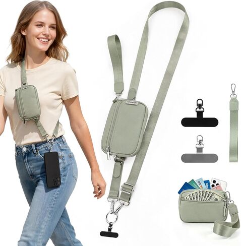 حزام Clip and Go للهاتف مع محفظة كروس، محفظة معصم RFID بسحاب قابلة للفصل، حبل هاتف قابل للتعديل وأشرطة معدنية رفيعة للغاية قابلة للدوران 360 درجة لجميع الهواتف الذكية in Kuwait