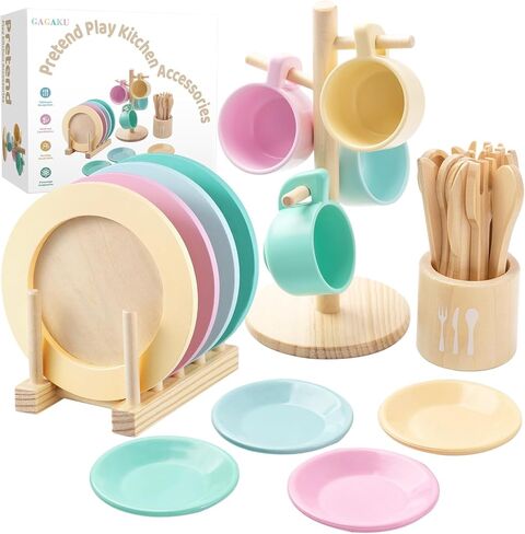 مجموعة أطباق اللعب الخشبية Gagaku Kids -27pcs Montessori Play Play Play Plate Plates and Bowls Troughs ، وقوف التخزين واللعب الطعام ، والتظاهر بألعاب الطبخ للأعمار من 3 إلى 5 سنوات ، هدية تعليمية للطفل in Kuwait