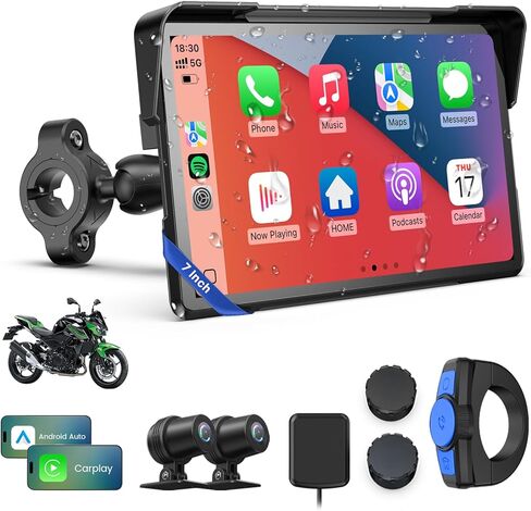 شاشة WonVon Motorcycle CarPlay مع نظام Android Auto - نظام تحديد المواقع العالمي (GPS) مقاس 7 بوصات مقاوم للماء، Pantalla para Moto، Apple CarPlay، نظام ملاحة للدراجات النارية، كاميرا داش مزدوجة 4K صوت بلوتوث، BSD وTPMS in Kuwait