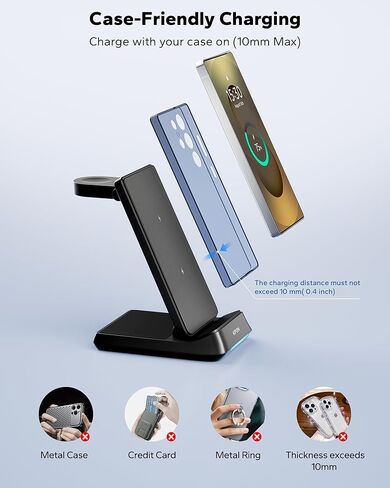 محطة شحن لاسلكية 3 في 1 من KPON للحافظات السميكة، حامل شاحن للهاتف والساعة قابل للطي لأجهزة Samsung&Apple، قاعدة شحن للسفر لهاتف Samsung Galaxy S25 S24/ iPhone17 16 15 14 13 in Kuwait