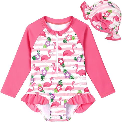 Infant Baby Girl Swimsuit Long Sleeve Rash Guard One Piece Swimwear with Hat Ruffle Bathing Suit with Zipper in Kuwait