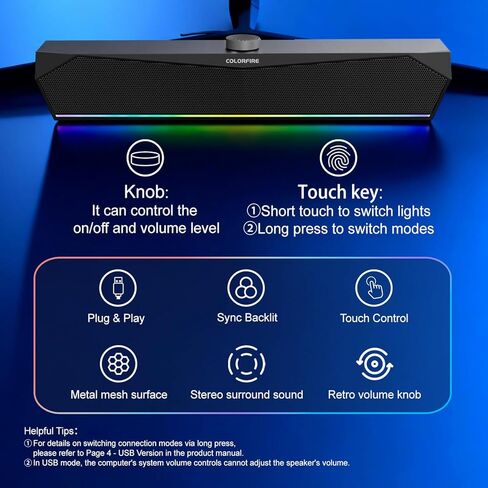 مكبرات صوت شاشة ColorFire، ومكبرات صوت الكمبيوتر، ومكبرات صوت الكمبيوتر الشخصي للشاشة، وأضواء RGB التي تعمل باللمس، وشريط صوت الكمبيوتر لجهاز PCUSB-C/A مدخل 3.5 مم، التوصيل والتشغيل، صوت واضح لأجهزة الكمبيوتر المحمول المكتبية، التلفزيون الذكي (أسود) in Saudi Arabia